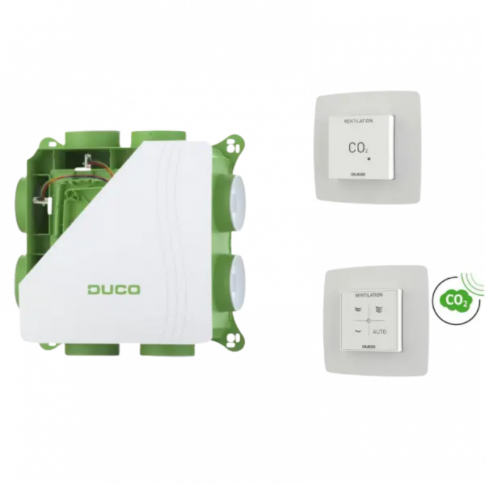 DucoBox Silent 2.0 All-In-One CO₂ – 400 m³/h – ingebouwde vochtsensor + RF-bediening met CO₂-sensor + CO₂-ruimtesensor (0000-7032)
