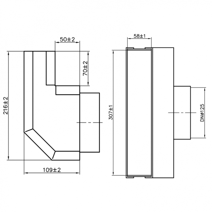 Haakse roosterschoen 305 x 57mm met aansluiting Ø 125mm
