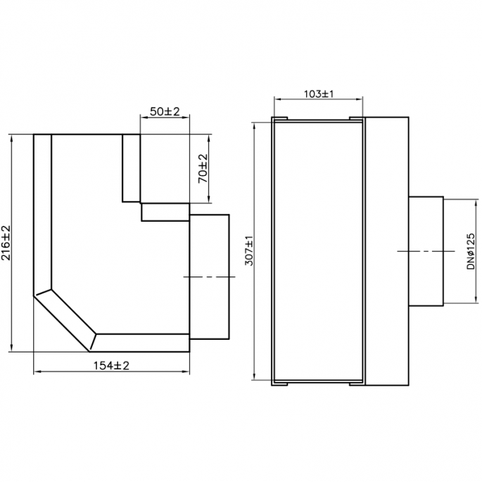 Haakse roosterschoen 305 x 102mm met aansluiting Ø 125mm