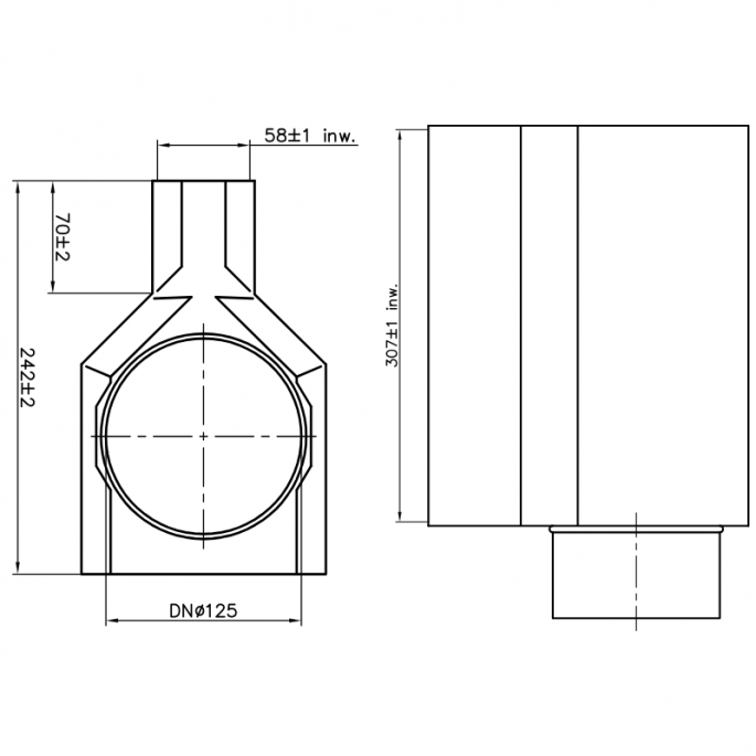 Roosterschoen 305 x 57mm met zij-aansluiting korte kant Ø 125mm