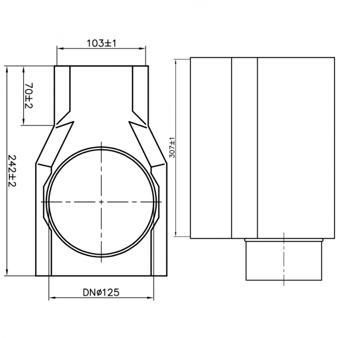 Roosterschoen 305 x 102mm met zij-aansluiting korte kant Ø 125mm