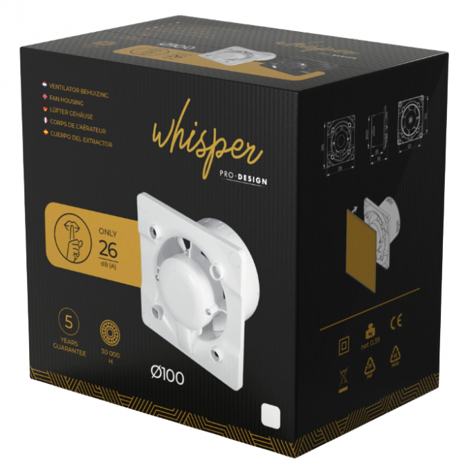Whisper pro-design badkamerventilator - Ø100mm - met nalooptimer en vochtsensor - bold line - kunststof - wit