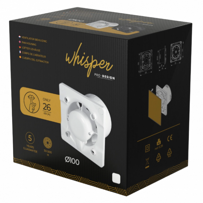 Whisper pro-design badkamerventilator - Ø100mm - met nalooptimer en vochtsensor - gebogen kunststof - wit