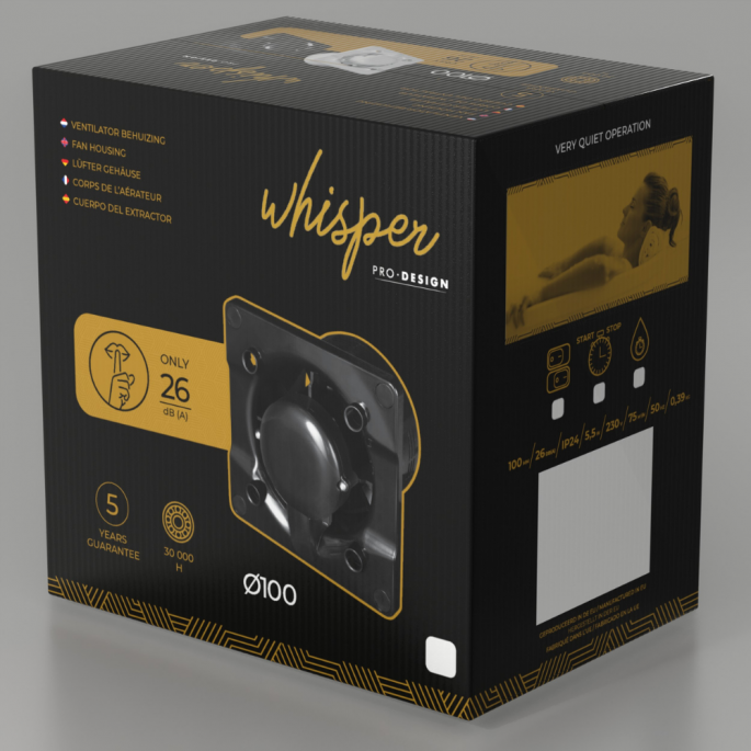 Whisper Pro-Design badkamerventilator - Ø100mm - met nalooptimer + vochtsensor - gebogen kunststof - goud - zwarte ventilator Whisper Pro-Design badkamerventilator - Ø100mm - met nalooptimer + vochtsensor - gebogen kunststof - goud - zwarte ventilator