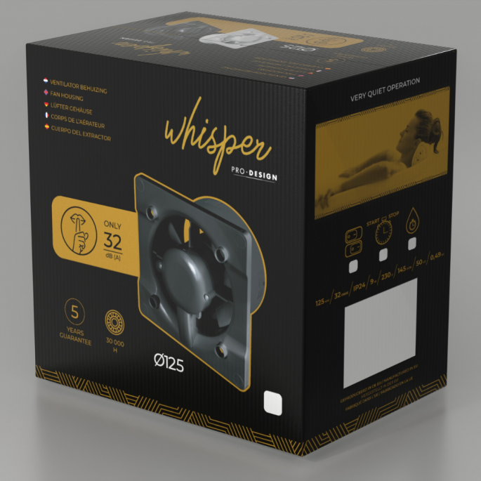 Whisper Pro-Design badkamerventilator - Ø125mm - met nalooptimer + vochtsensor - vlak glas - glans zwart - zwarte ventilator