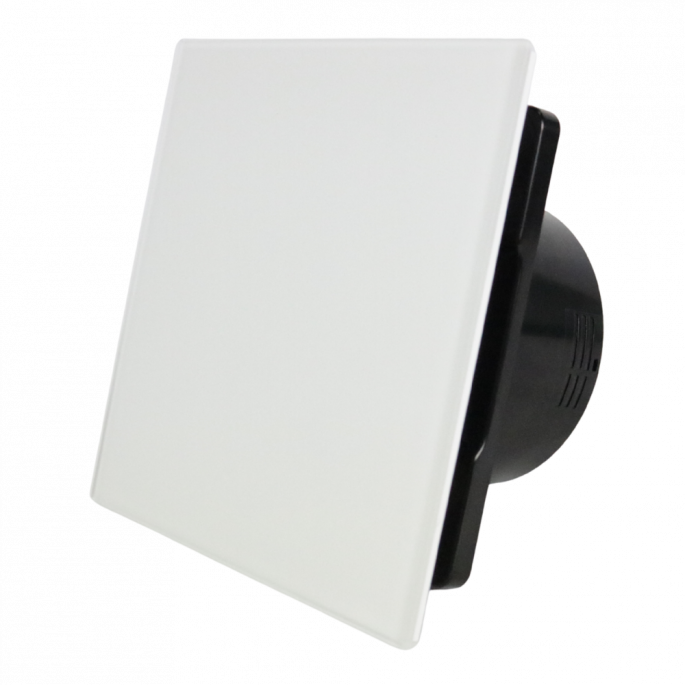 Whisper Pro-Design badkamerventilator - Ø125mm - met nalooptimer - vlak glas - mat wit - zwarte ventilator Whisper Pro-Design badkamerventilator - Ø125mm - met nalooptimer - vlak glas - mat wit - zwarte ventilator