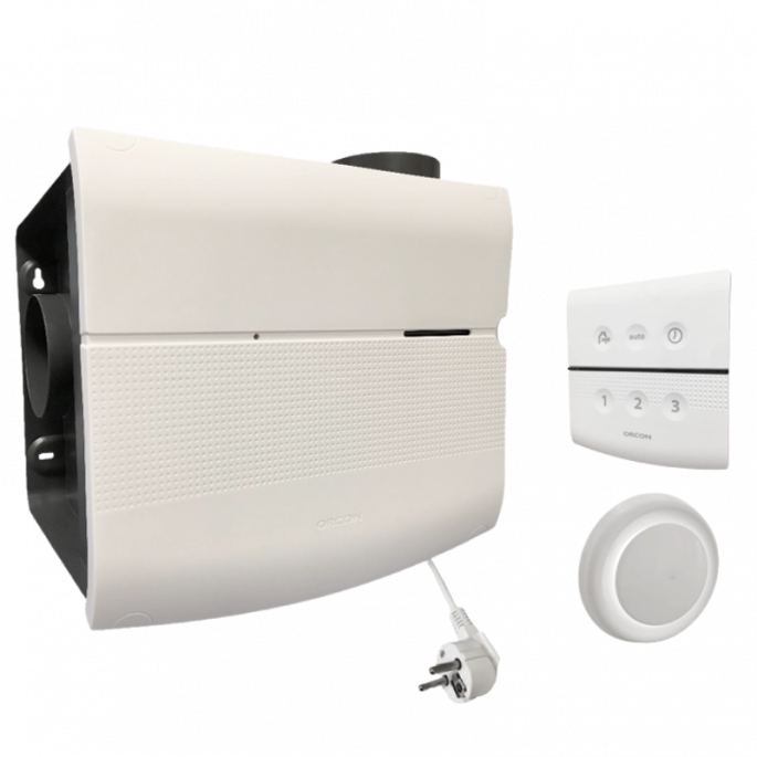 Orcon MVS-15RHB woonhuisventilator - 550 m3/h - Randaarde - met ingebouwde vochtsensor en RF-afstandsbediening + 4 luchtventielen