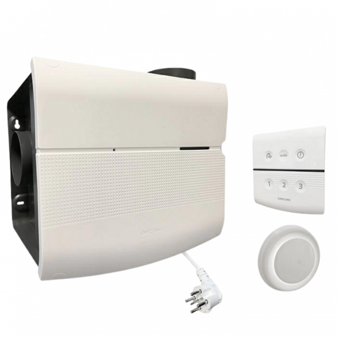Orcon MVS-15RHBP woningventilator - 550 m3/h - Perilex - met ingebouwde vochtsensor en RF-afstandsbediening + 4 luchtventielen