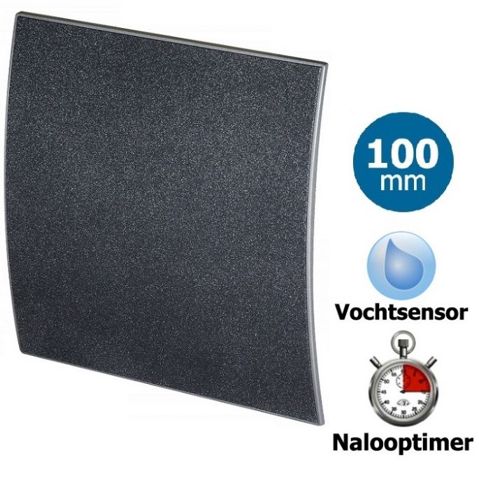 Whisper Pro-Design badkamerventilator - Ø100mm - met nalooptimer + vochtsensor - gebogen kunststof - grafiet deluxe