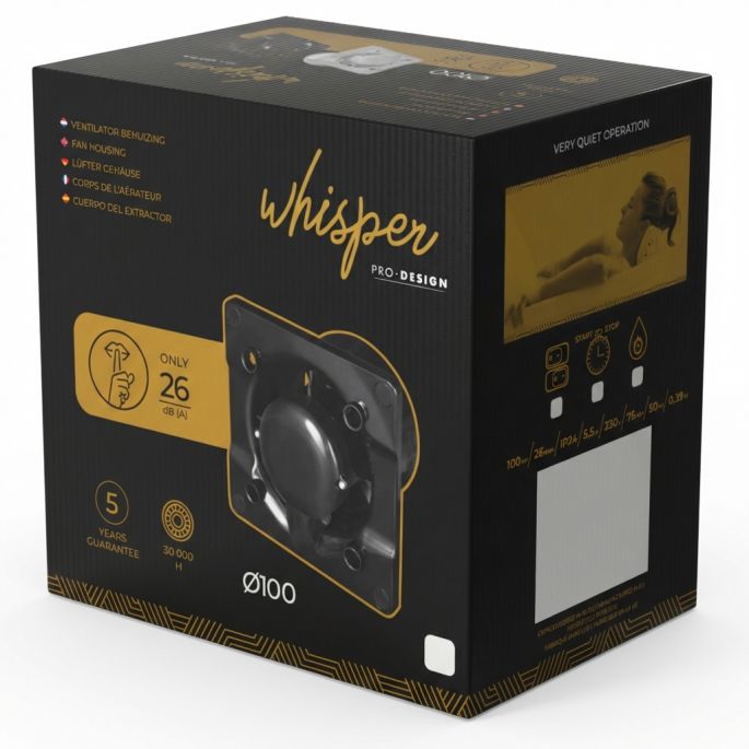 Whisper Pro-Design badkamerventilator - Ø100mm - aan/uit - vlak kunststof - mat zwart - zwarte ventilator