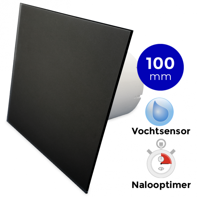 Whisper Pro-Design badkamerventilator - Ø100mm - met nalooptimer + vochtsensor - vlak glas - mat zwart