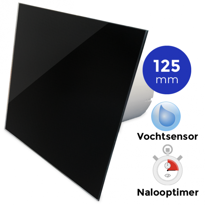 Whisper Pro-Design badkamerventilator - Ø125mm - met nalooptimer + vochtsensor - vlak glas - glans zwart