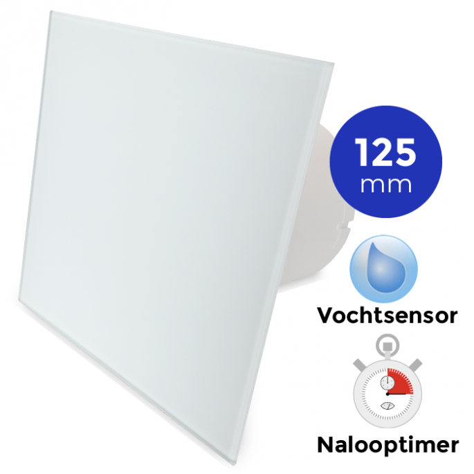  Whisper Pro-Design badkamerventilator - Ø125mm - met nalooptimer + vochtsensor - vlak glas - mat wit