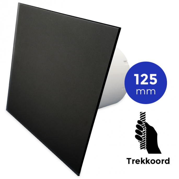 Pro-Design badkamer/toilet ventilator - TREKKOORD (KW125W) - Ø 125mm - vlak GLAS - mat zwart