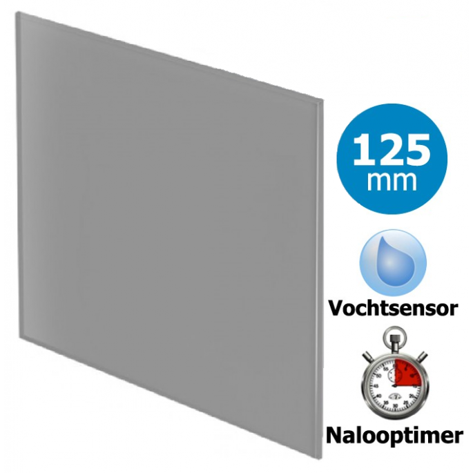 Whisper Pro-Design badkamerventilator - Ø125mm - met nalooptimer + vochtsensor - vlak glas - mat grijs Whisper Pro-Design badkamerventilator - Ø125mm - met nalooptimer + vochtsensor - vlak glas - mat grijs