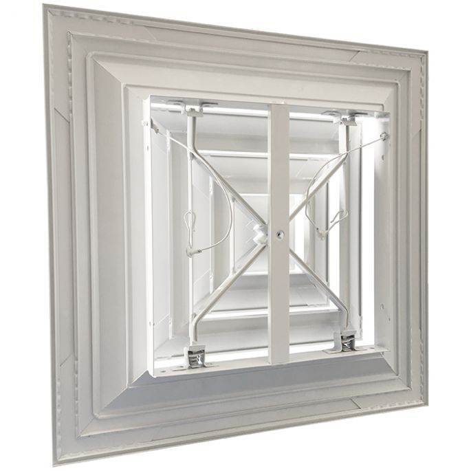 Vierkant plafondrooster | vast uitblaaspatroon | afvoer & toevoer | 225 mm x 225 mm | aluminium | RAL 9016 Vierkant plafondrooster | vast uitblaaspatroon | afvoer & toevoer | 225 mm x 225 mm | aluminium | RAL 9016