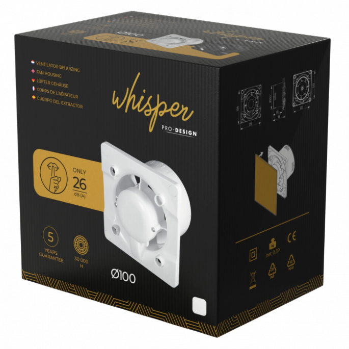 Whisper pro-design badkamerventilator - Ø100mm - met nalooptimer en vochtsensor - vlak - hout