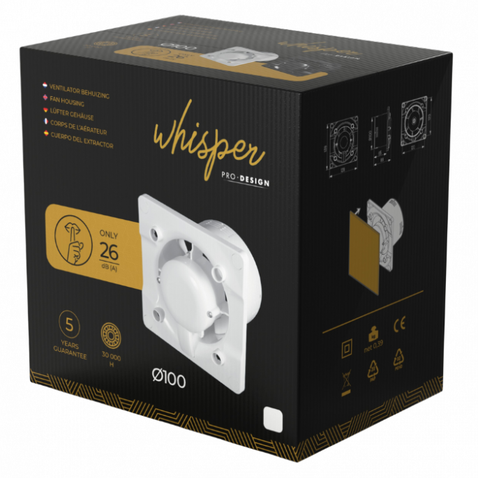 Whisper Pro-Design badkamerventilator - Ø100mm - met nalooptimer + vochtsensor - vlak kunststof - mat zwart