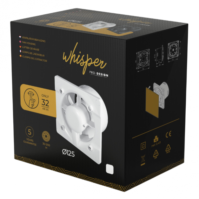 Whisper Pro-Design badkamerventilator - Ø125mm - aan/uit - vlak kunststof - wit