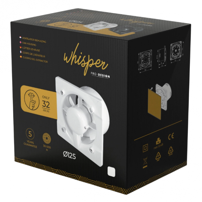 Whisper Pro-Design badkamerventilator - Ø125mm - met nalooptimer + vochtsensor - vlak hout